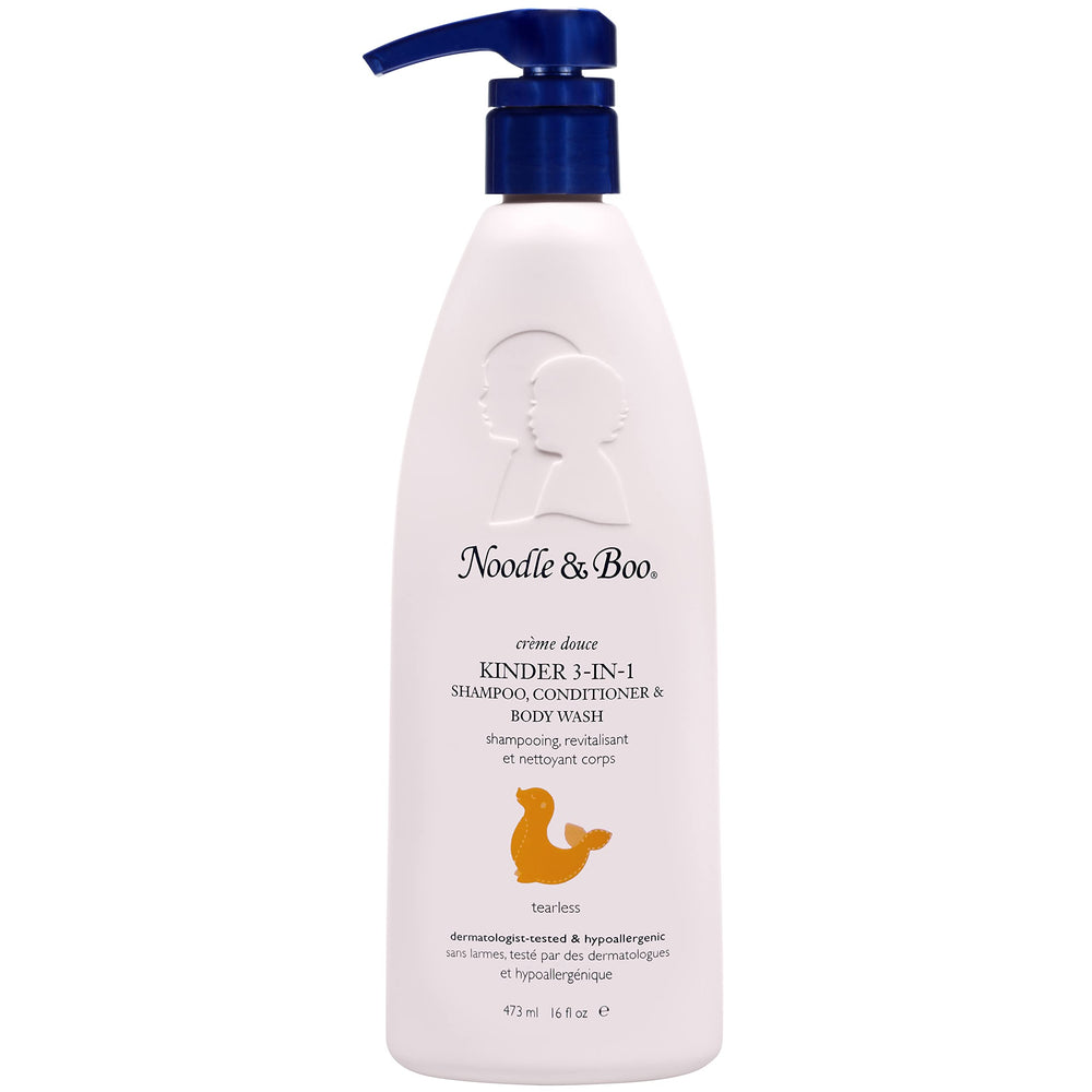 Noodle & Boo botella frontal Kinder 3-in-1 mostrando etiqueta clara y uso seguro