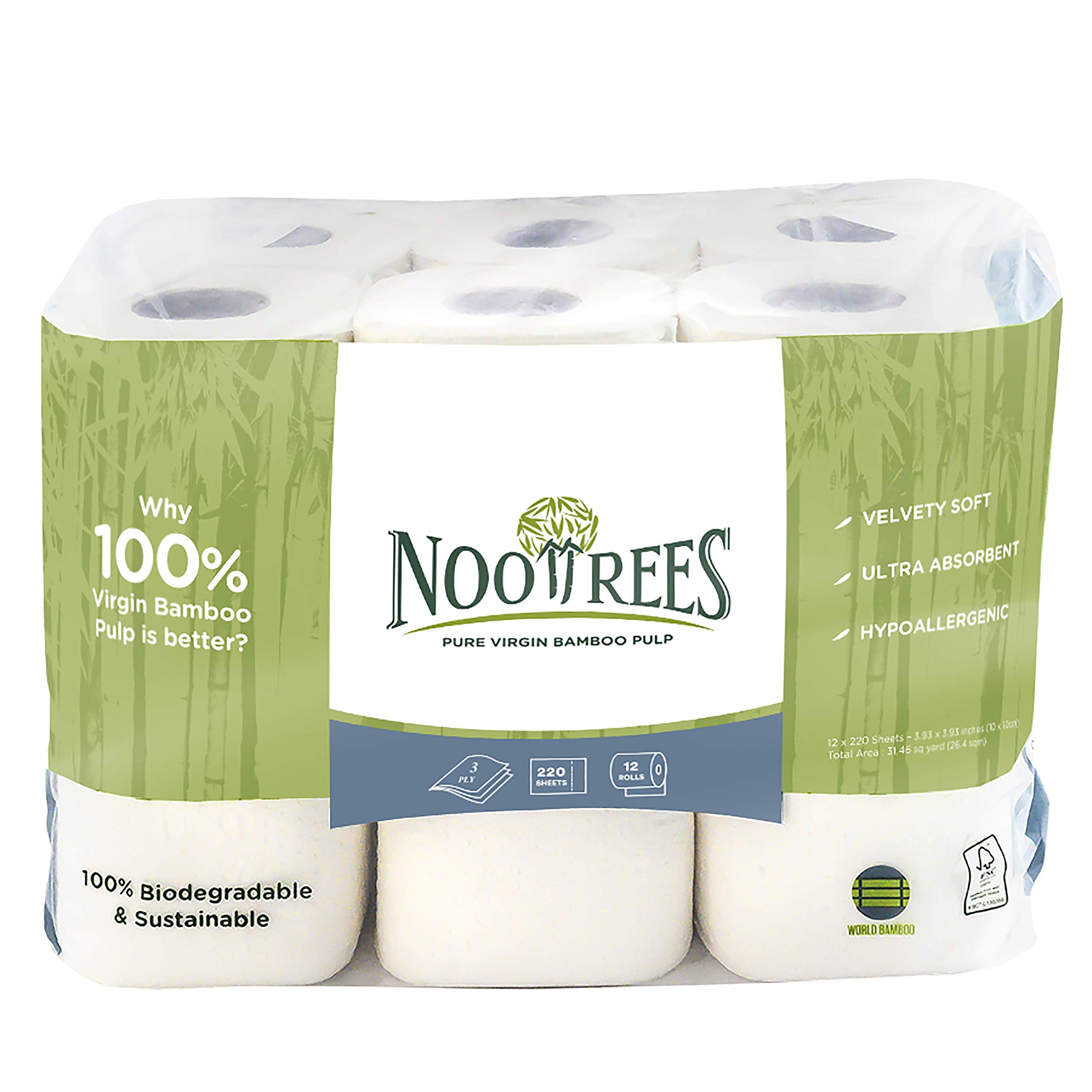 NooTrees empaque frontal mostrando 12 rollos y beneficio ecológico