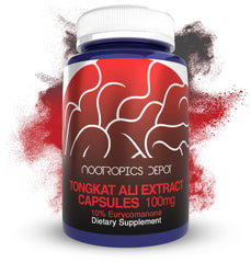 Nootropics Depot frasco frontal de Tongkat Ali mostrando diseño y conteo