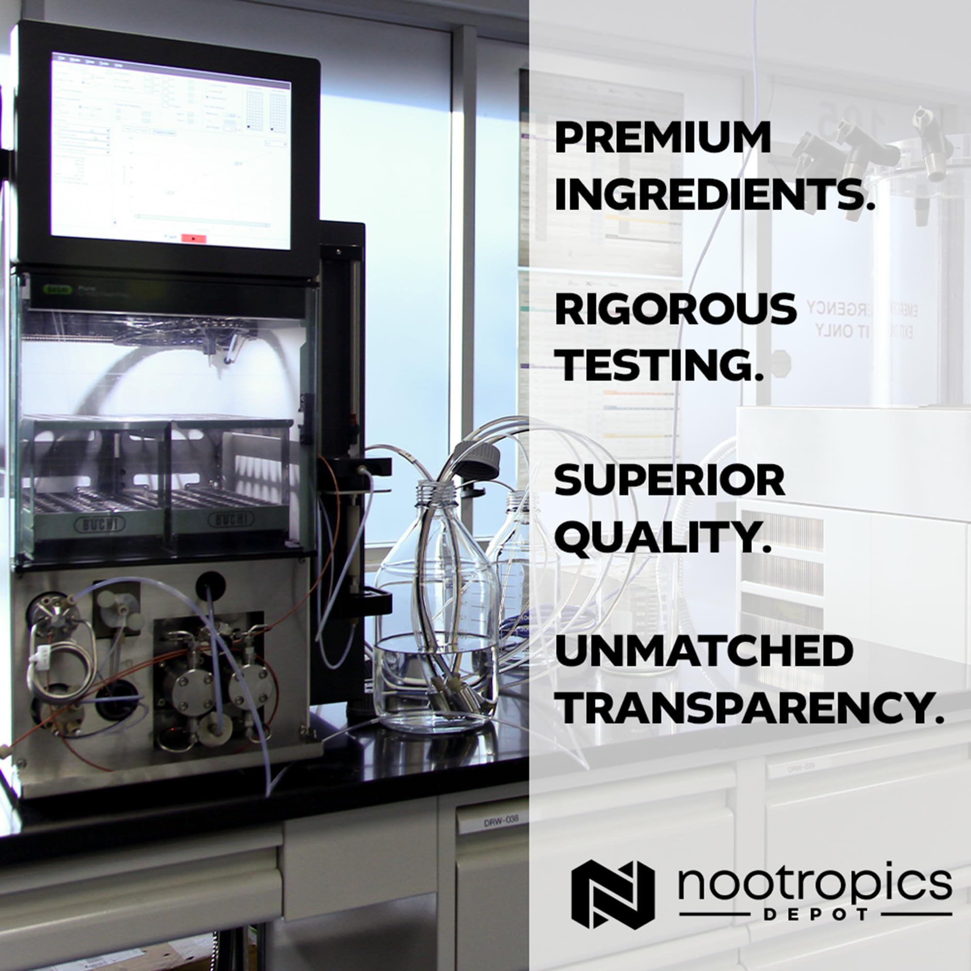 Nootropics Depot certificado de laboratorio y frasco, verificación de pureza y potencia