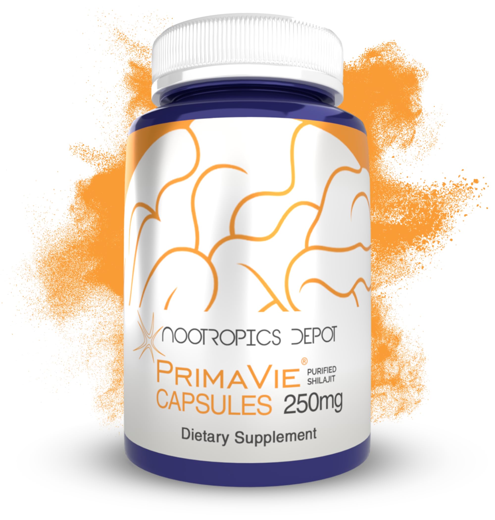 Nootropics Depot PrimaVie frasco frontal mostrando etiqueta y beneficio de pureza