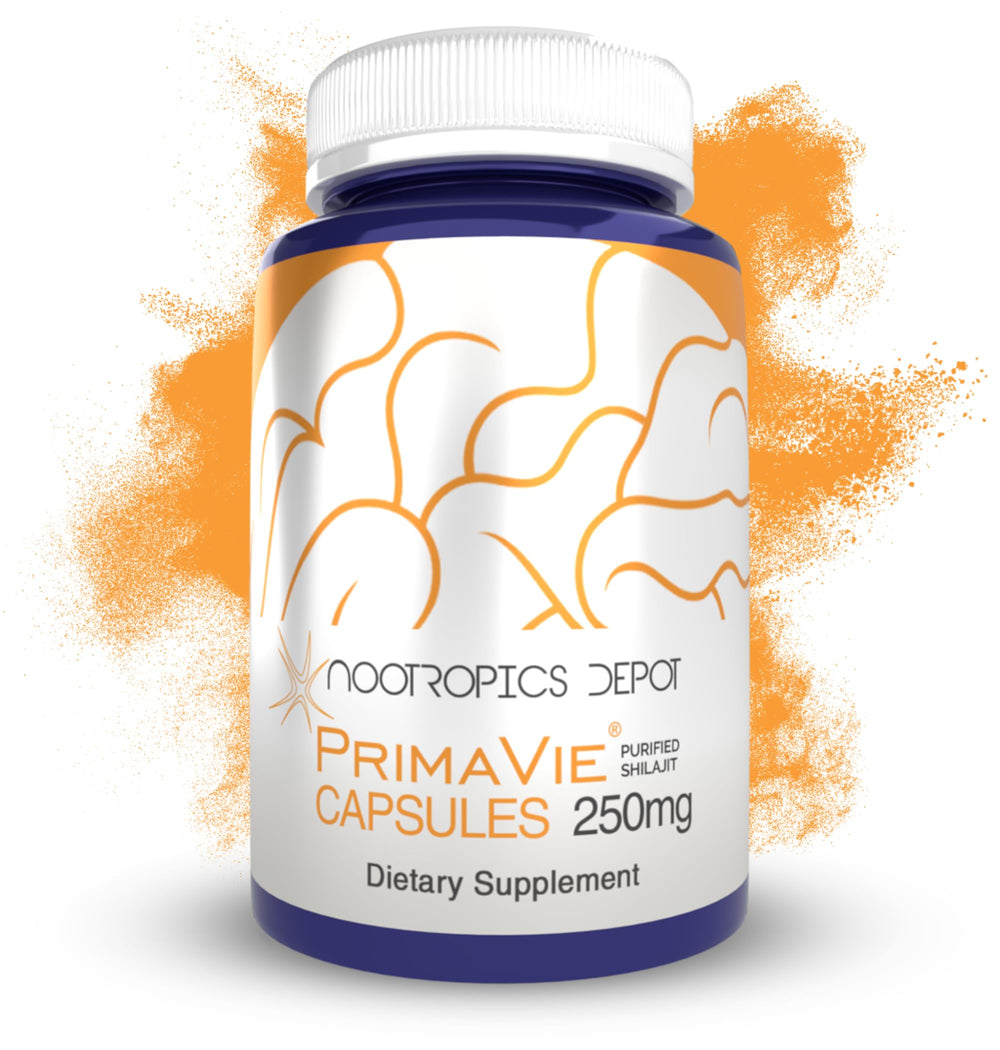 Nootropics Depot PrimaVie frasco frontal mostrando etiqueta y beneficio de pureza