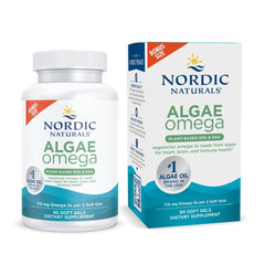 Nordic Naturals frasco frontal de Algae Omega mostrando diseño y cantidad