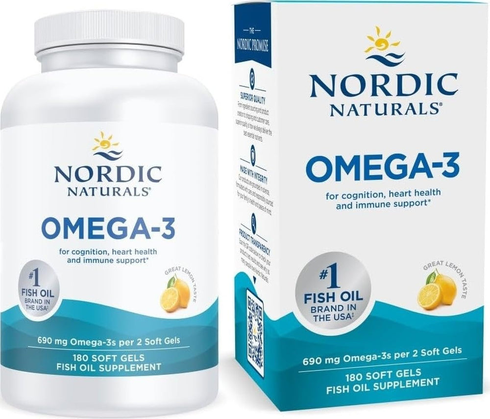 Nordic Naturals frente del envase mostrando 180 cápsulas y la marca confiable