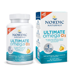 Nordic Naturals frente del envase Ultimate Omega‑D3 mostrando botella y diseño, confianza y pureza