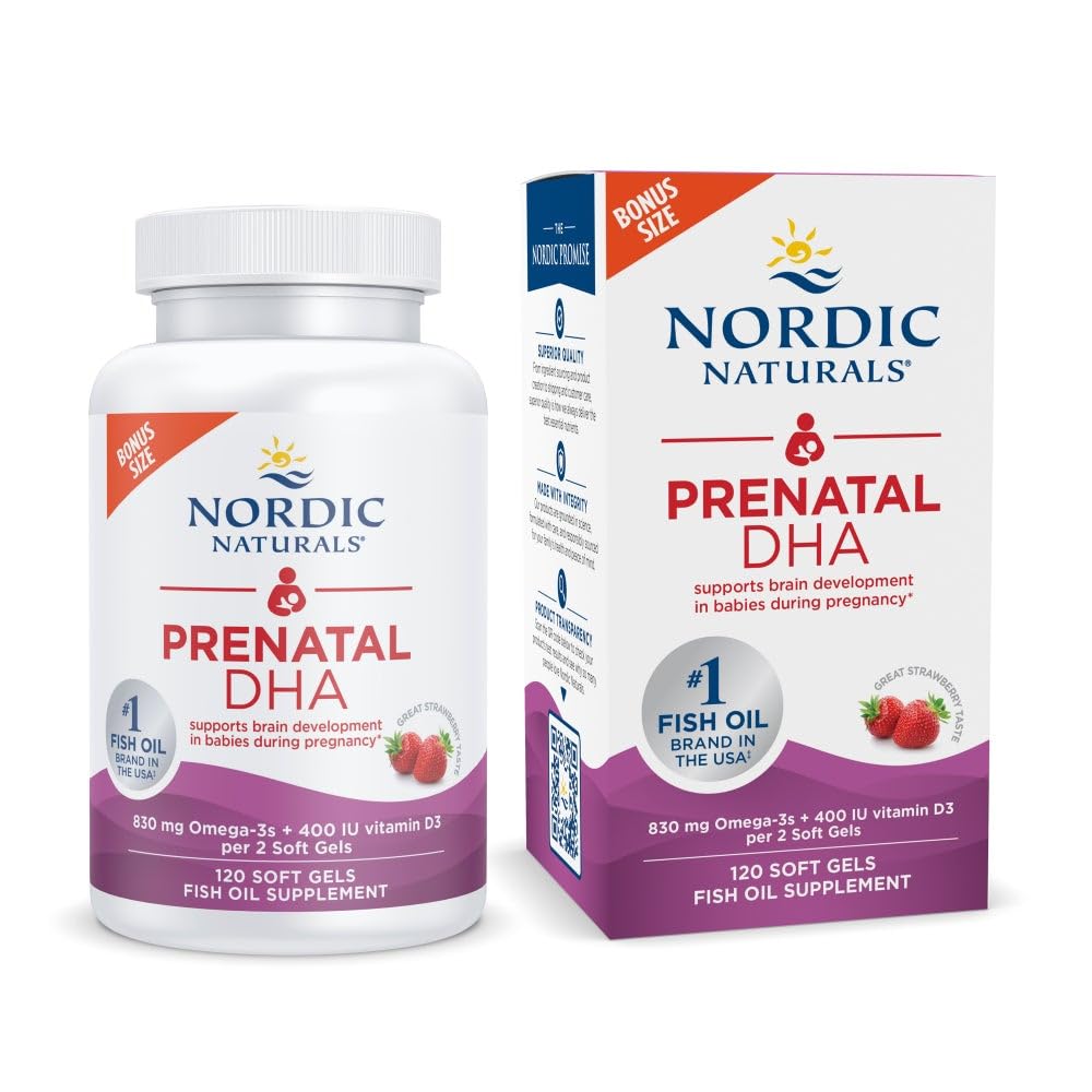 Nordic Naturals frasco frontal mostrando la presentación y beneficio de soporte prenatal