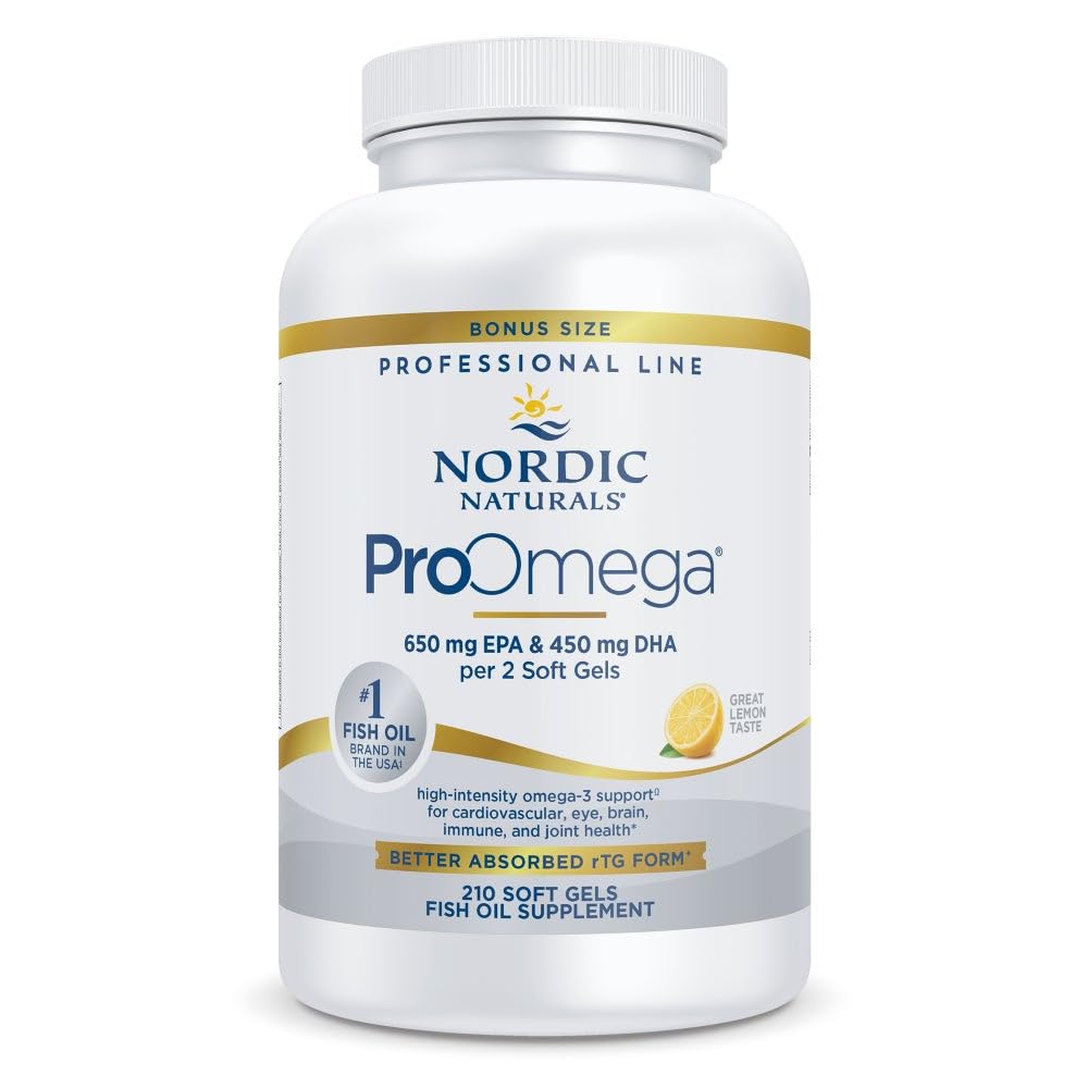 Nordic Naturals frasco frontal mostrando 210 cápsulas y etiqueta clara