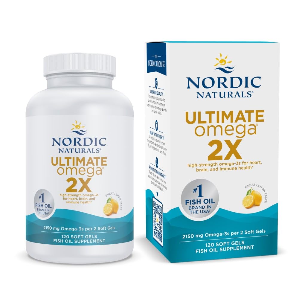 Nordic Naturals frasco frontal de Ultimate Omega 2X con sabor limón, presentación clara