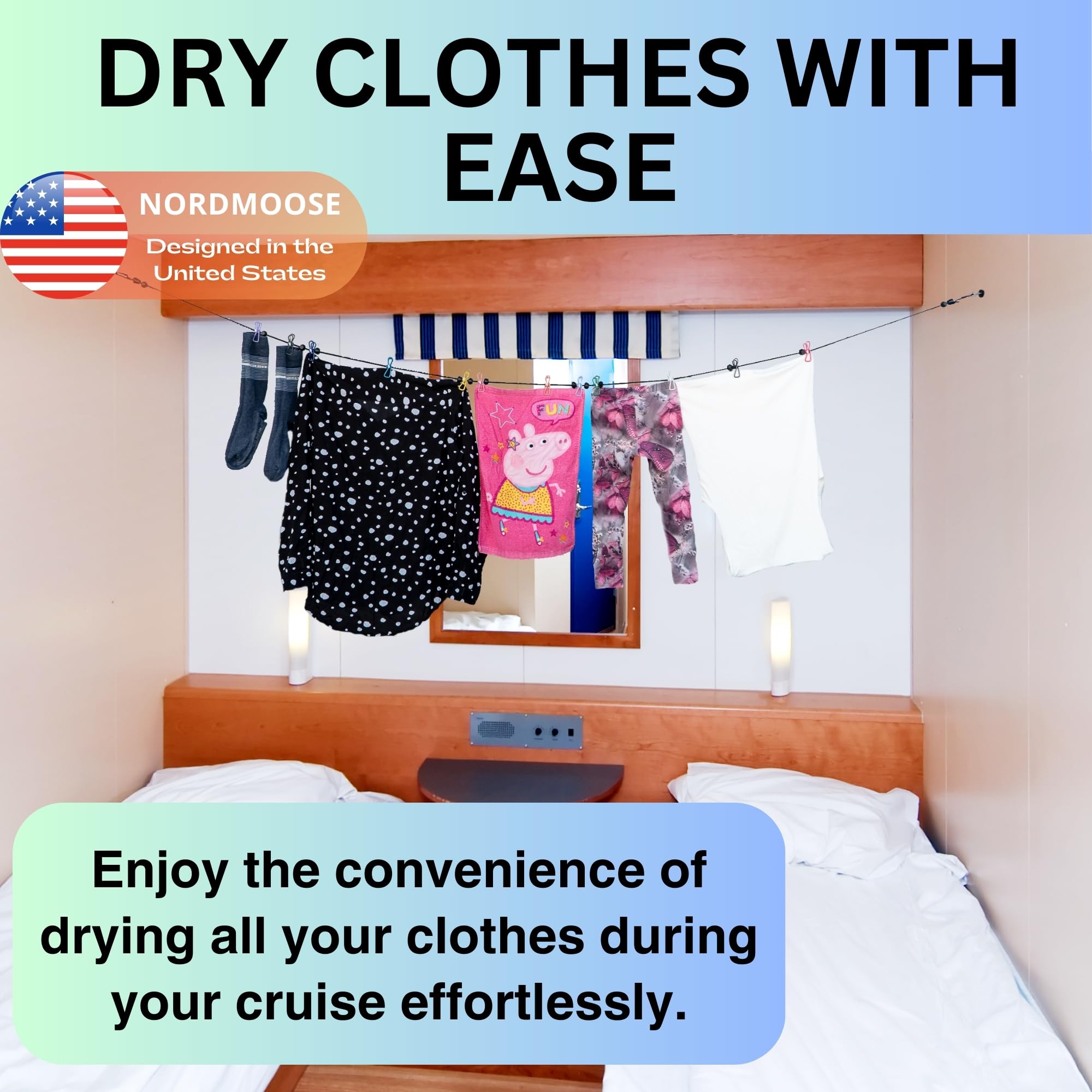 Nordmoose instalado en la cabina de un crucero secando ropa infantil de forma compacta