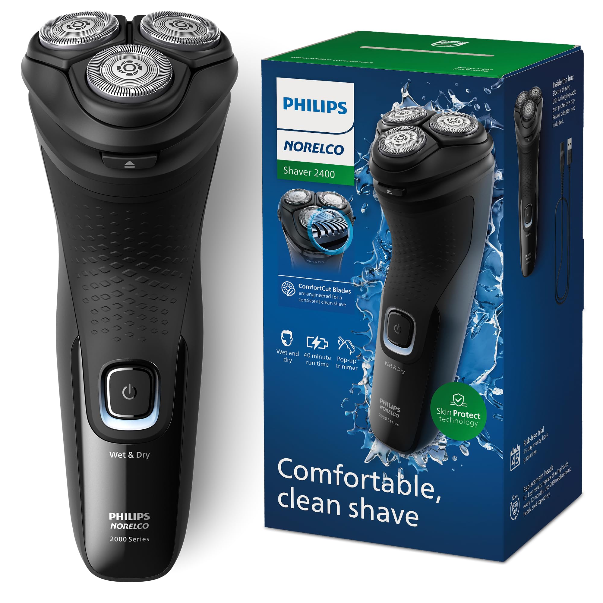Philips Norelco vista frontal del embalaje mostrando diseño y color Deep Black, facilidad de uso