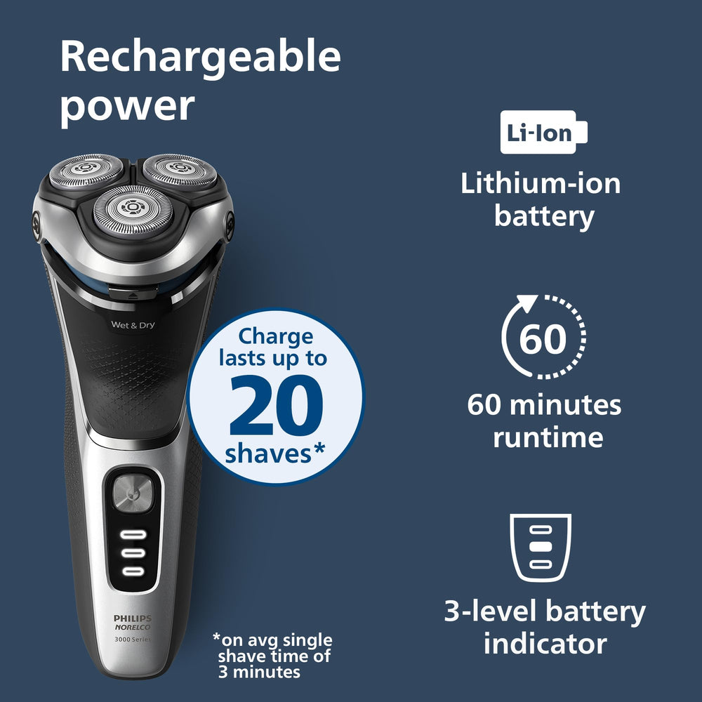 Philips Norelco 3900 comparación tamaño en mano para verportabilidad en viajes