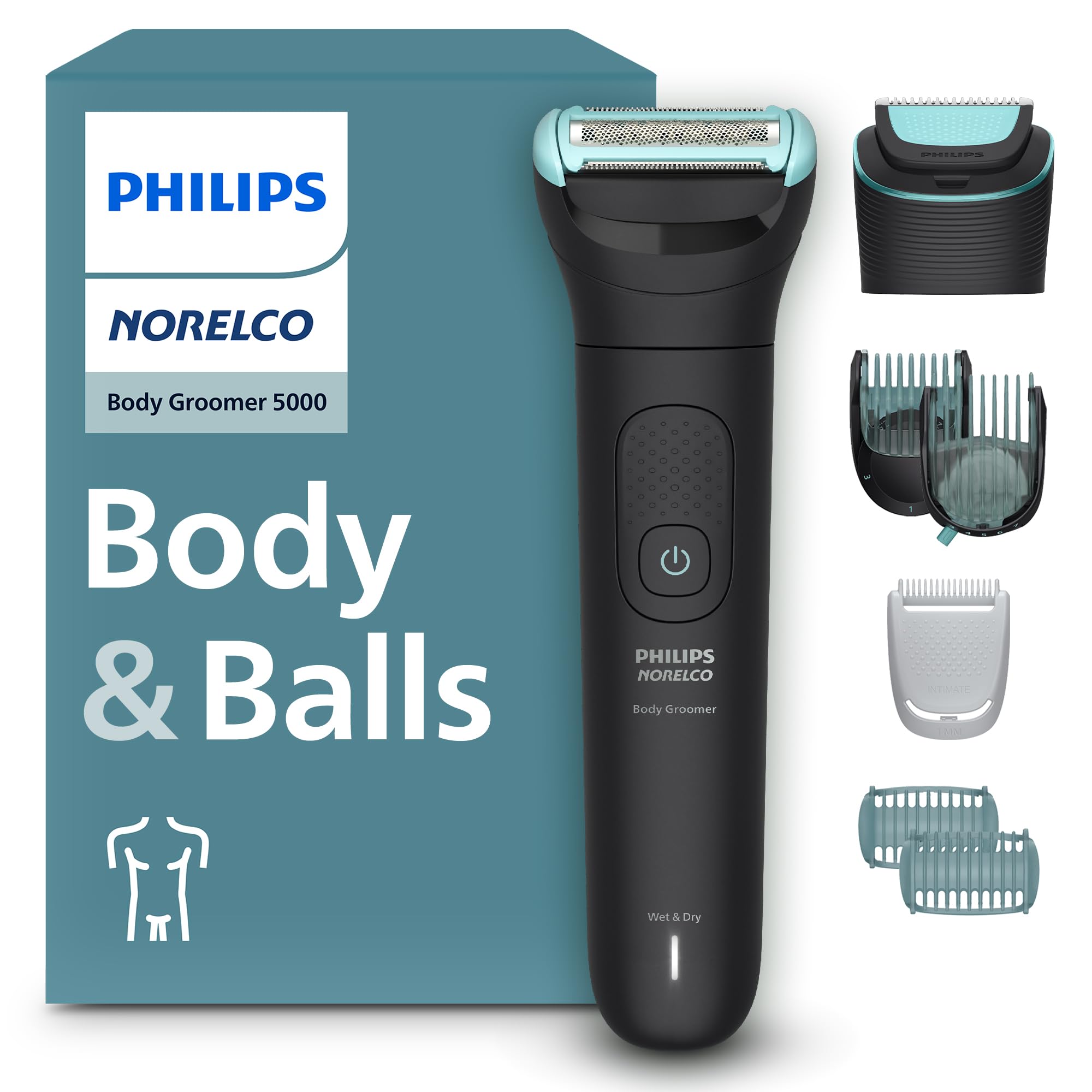 Norelco Body Groomer 5000 vista frontal con dos cabezales y beneficio de versatilidad
