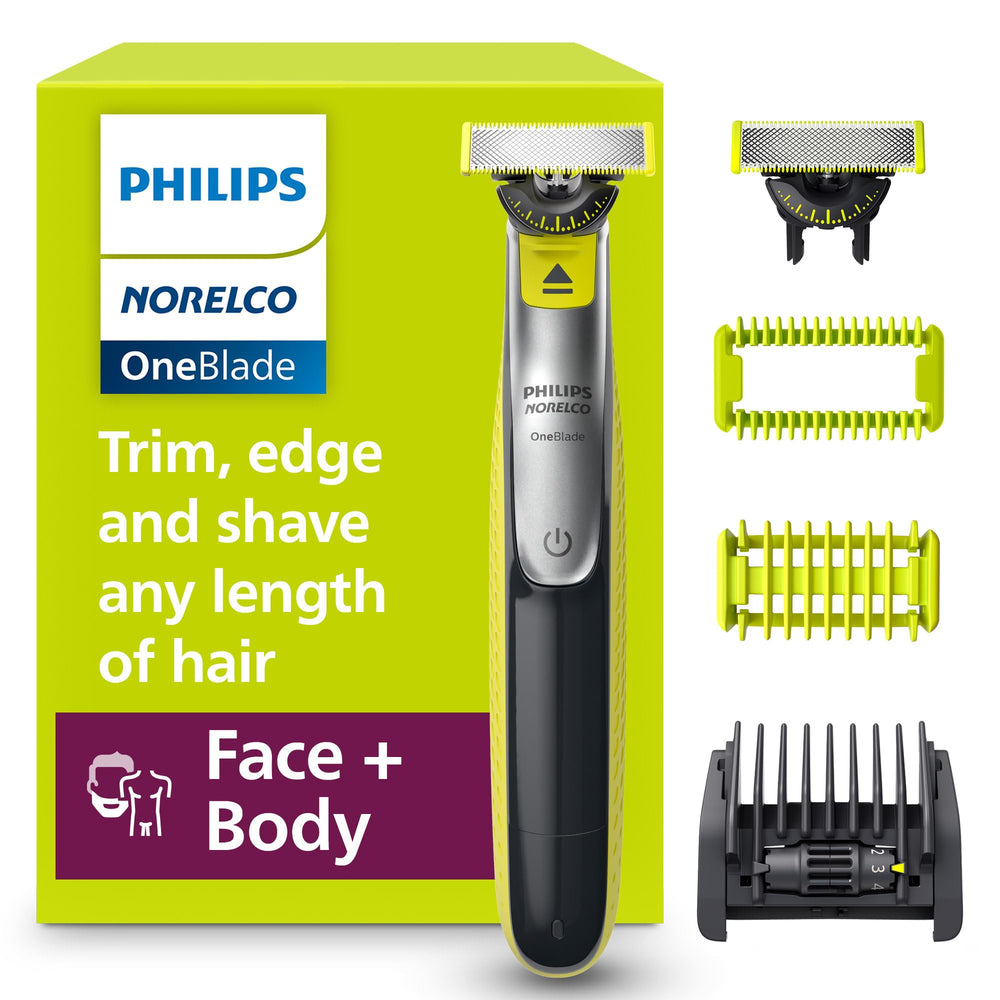 Philips Norelco OneBlade 360 vista frontal con controles y mango ergonómico