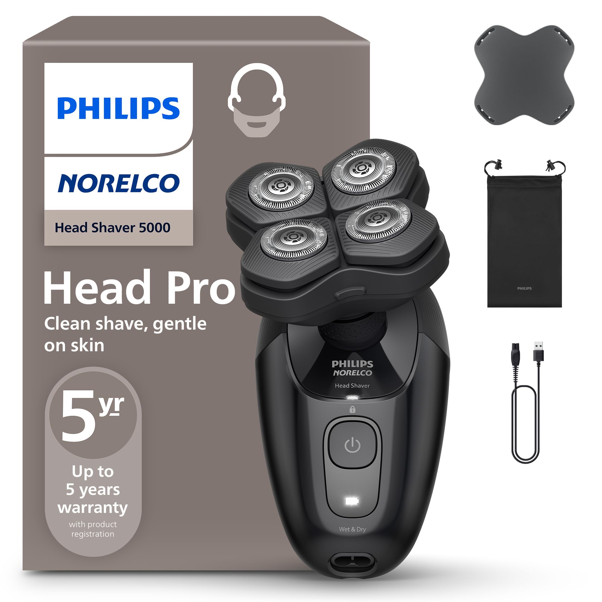 Norelco Pro 5000 vista frontal mostrando diseño compacto y control seguro