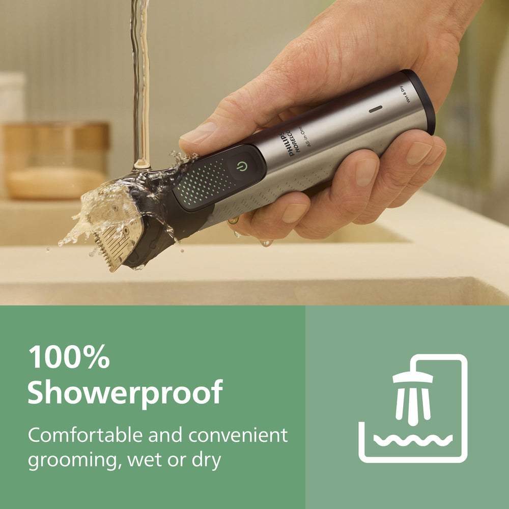 Norelco Philips uso en ducha mostrando resistencia al agua, limpieza rápida