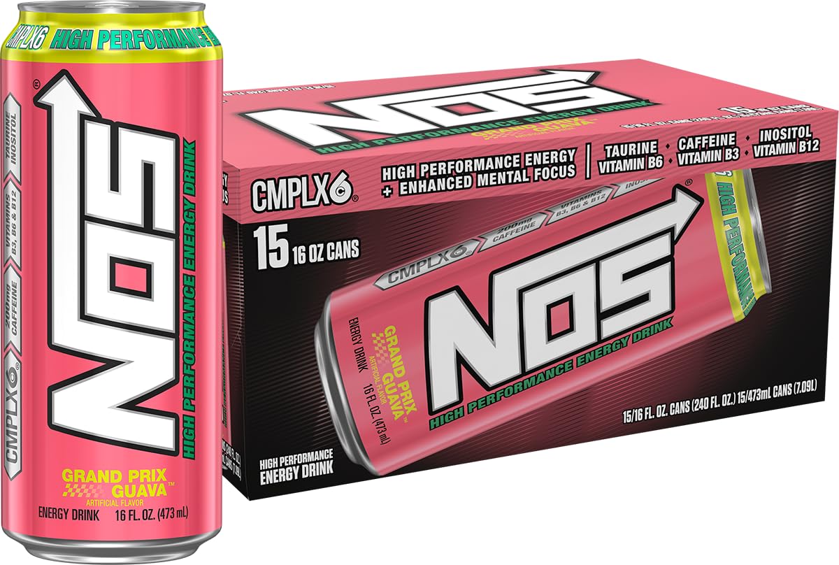 NOS lata frontal mostrando etiqueta guayaba y durazno y diseño llamativo