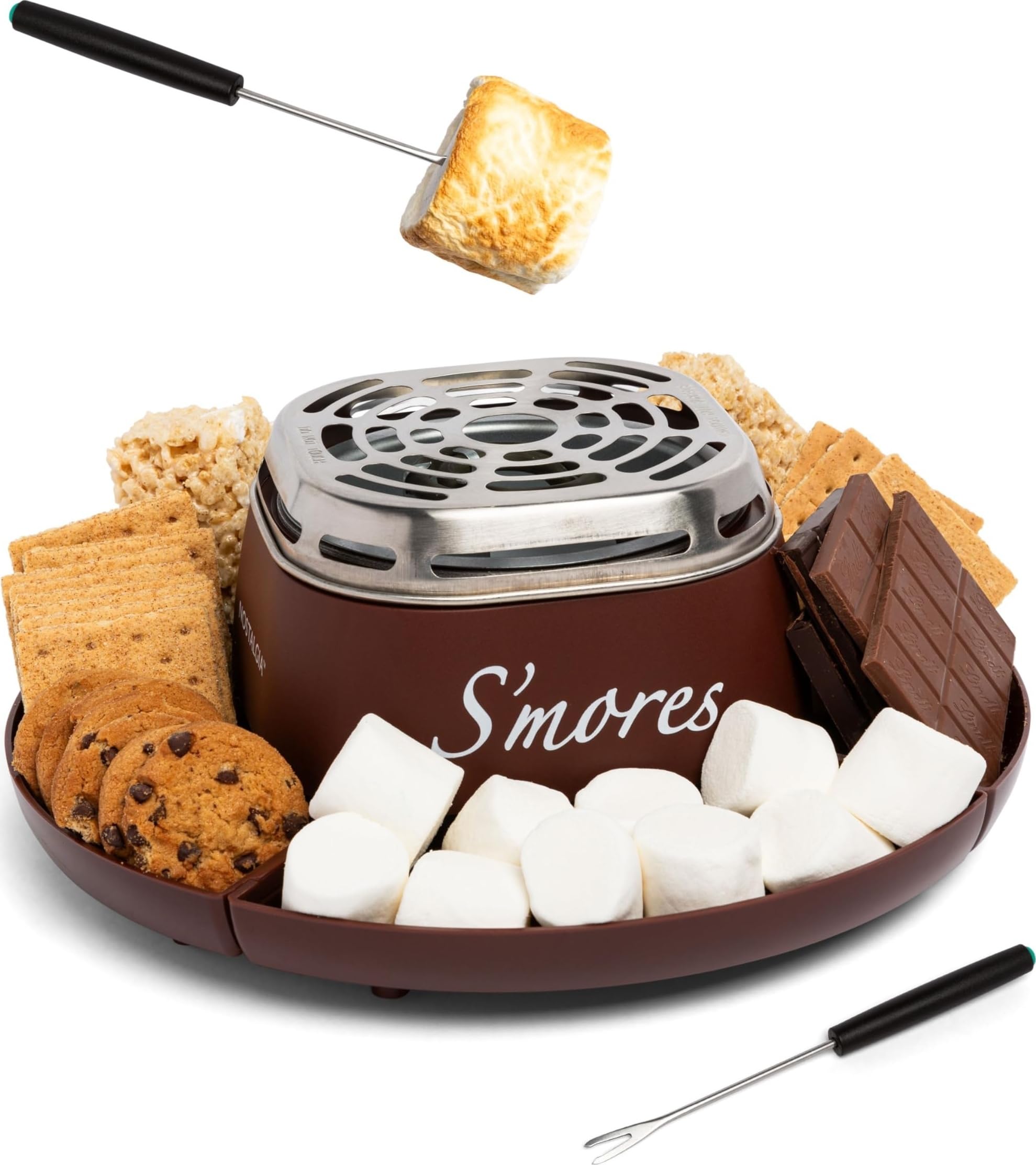 Nostalgia frontal del S'mores Maker mostrando la unidad lista y beneficios de uso interior