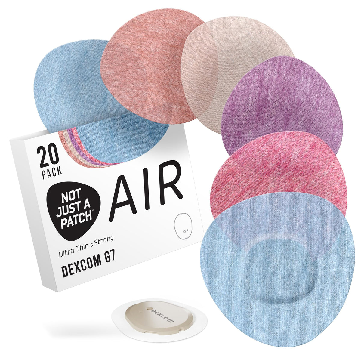 NOT JUST A PATCH frontal del empaque, muestra pack de 20 para Dexcom G7