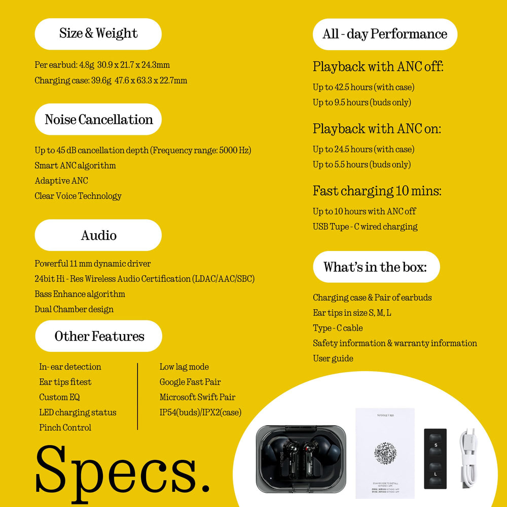 Nothing Ear (a) contenido del paquete: puntas, cable USB-C y guía rápida