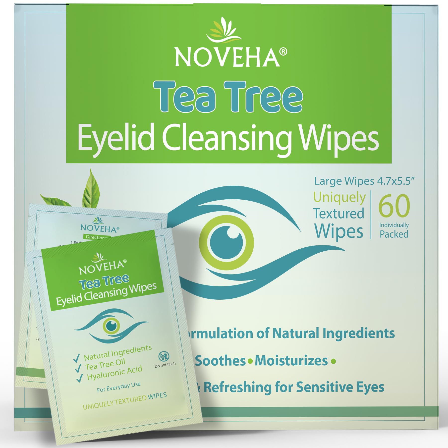 NOVEHA front packaging showing 60 individually wrapped tea tree eyelid wipes and benefits