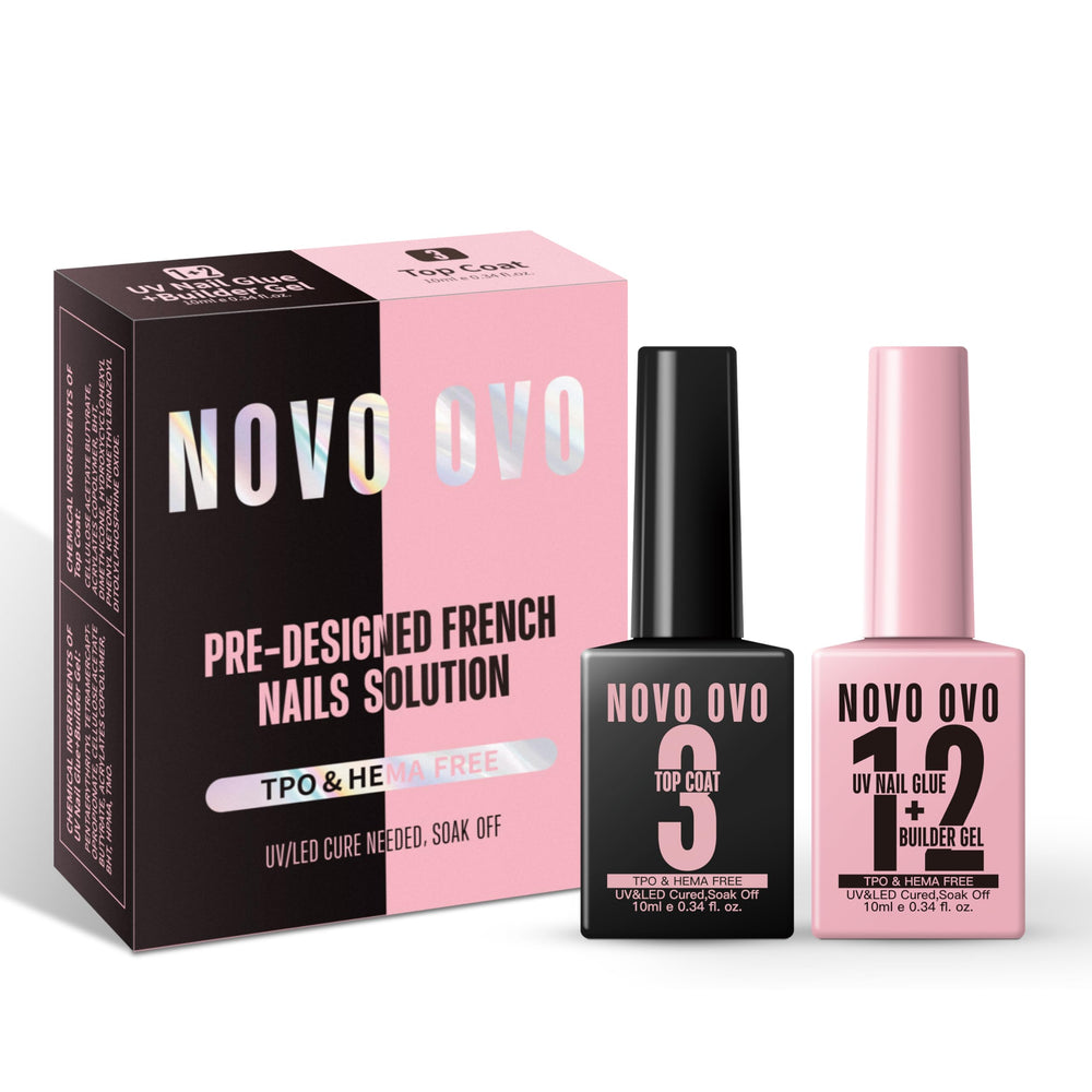 NOVO OVO kit frontal mostrando botella rosa y negra para adhesión y sellado