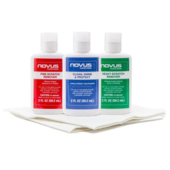 Novus frente del paquete 3 pasos mostrando botellas y almohadillas, aporta solución restauradora