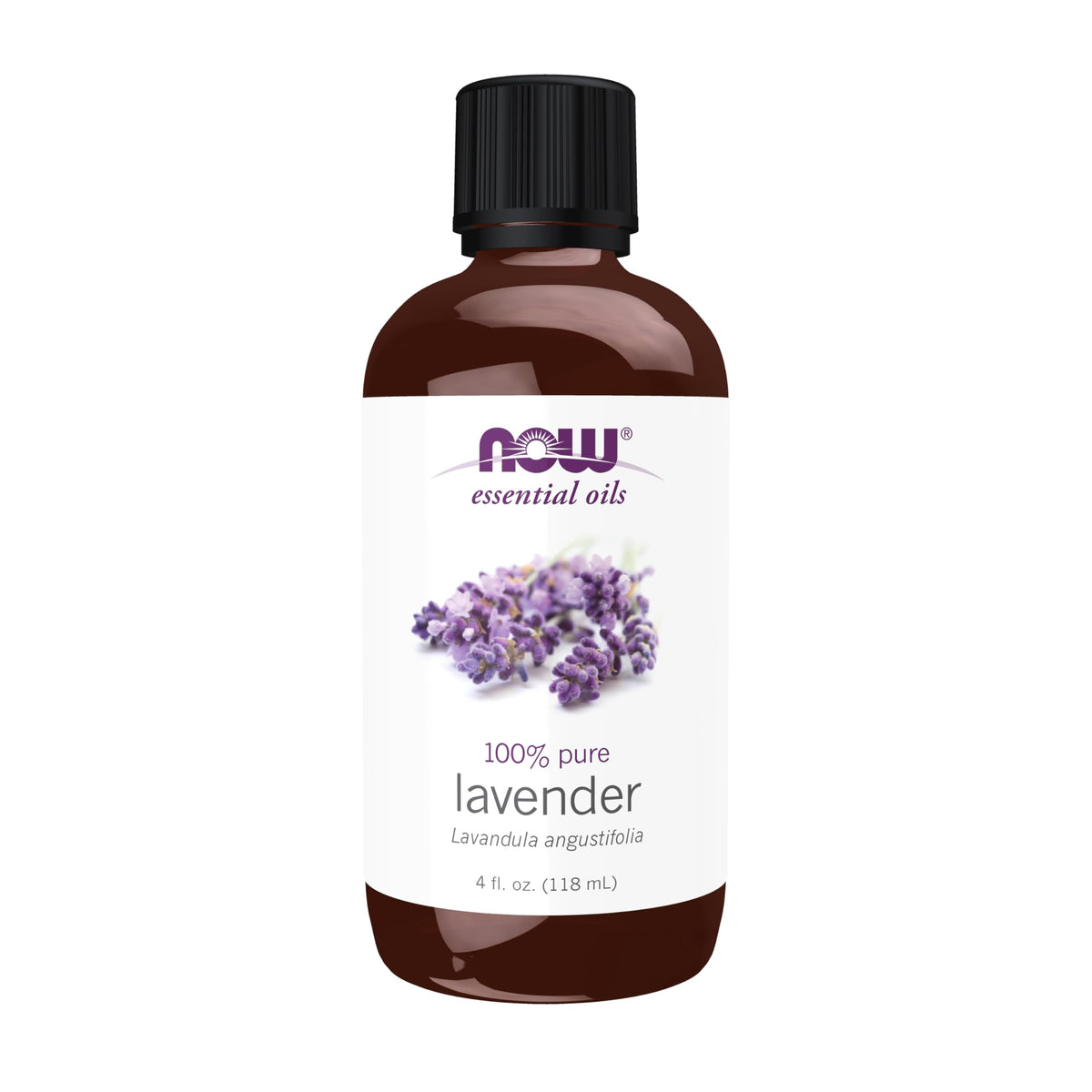 NOW Aceite de lavanda frente del envase mostrando presentación 4 fl. oz y claridad