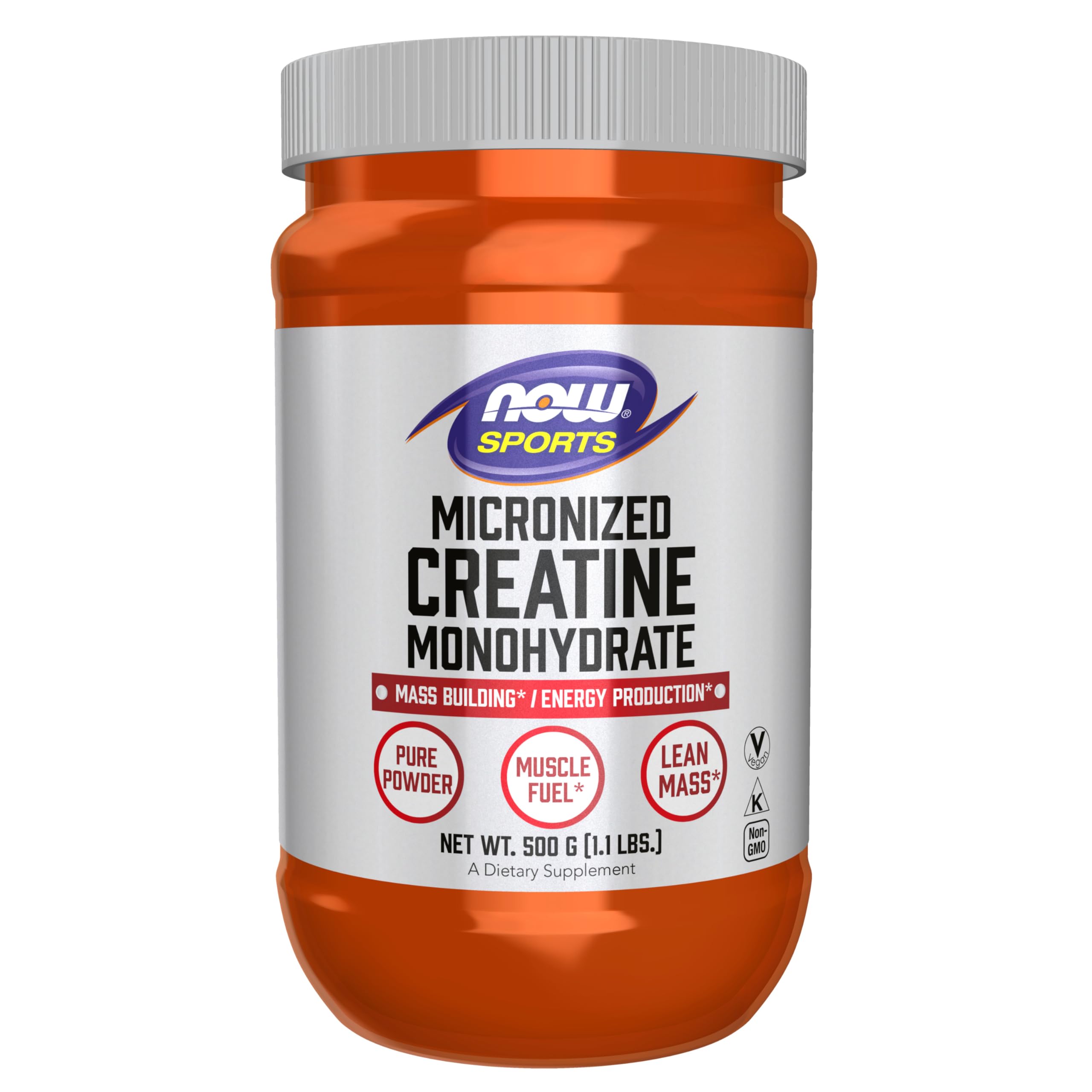 NOW Foods envase frontal de creatina micronizada, presentación clara y profesional