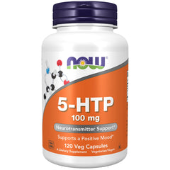 NOW Foods envase frontal del 5-HTP mostrando 120 cápsulas y beneficios de calidad