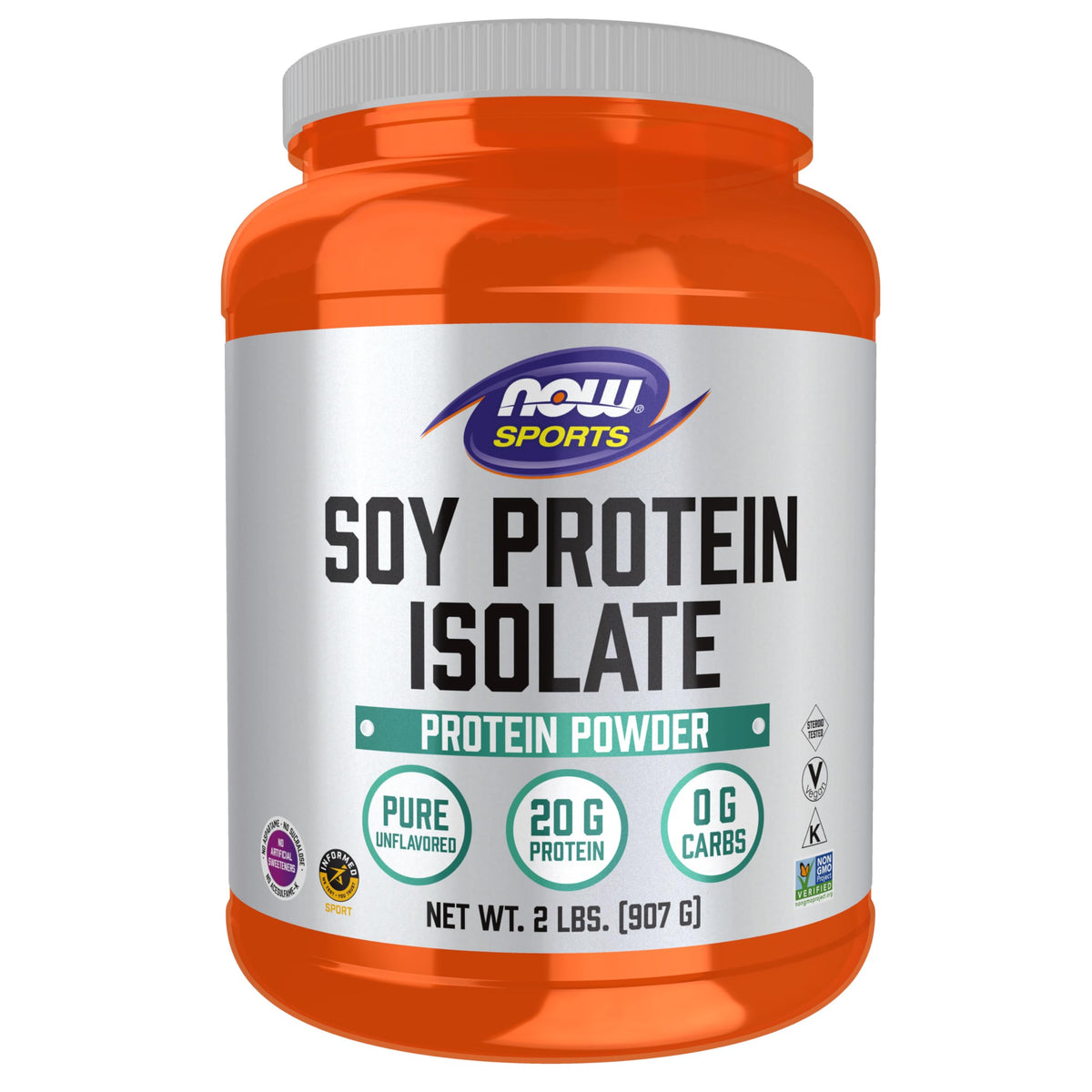 NOW Foods envase frontal del aislado de soja mostrando la marca y beneficio proteico