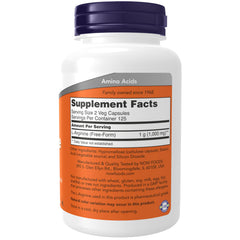 Etiqueta de NOW Foods L-Arginine mostrando dosis e información de certificaciones