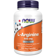 NOW Foods frasco frontal de L-Arginine 500 mg, presentación clara y práctica