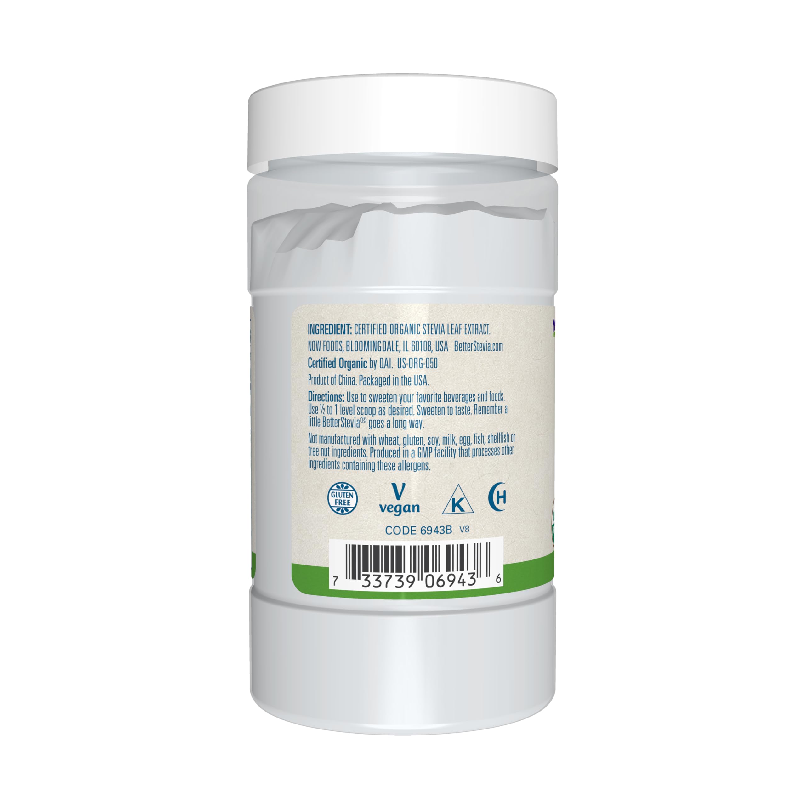 NOW Foods BetterStevia powder on spoon highlighting fine texture and easy measuring