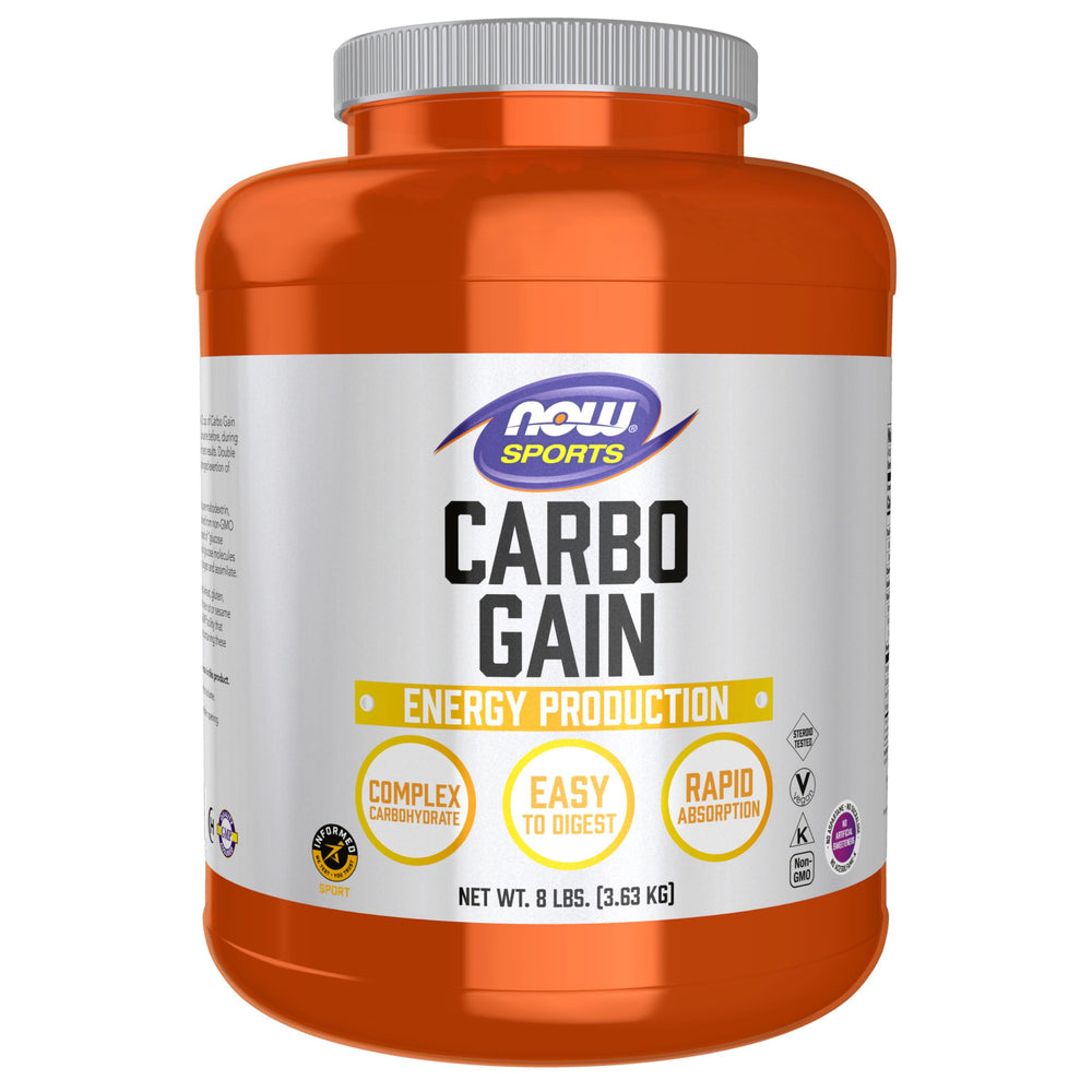 NOW Foods envase frontal de Carbo Gain mostrando presentación y beneficios