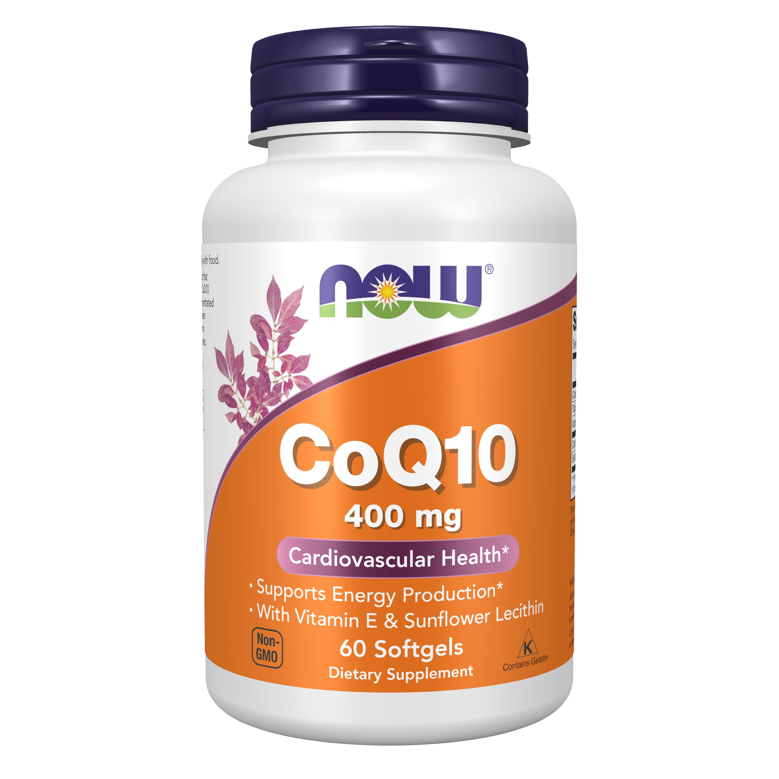 NOW Foods envase frontal de CoQ10 400 mg mostrando tamaño y marca
