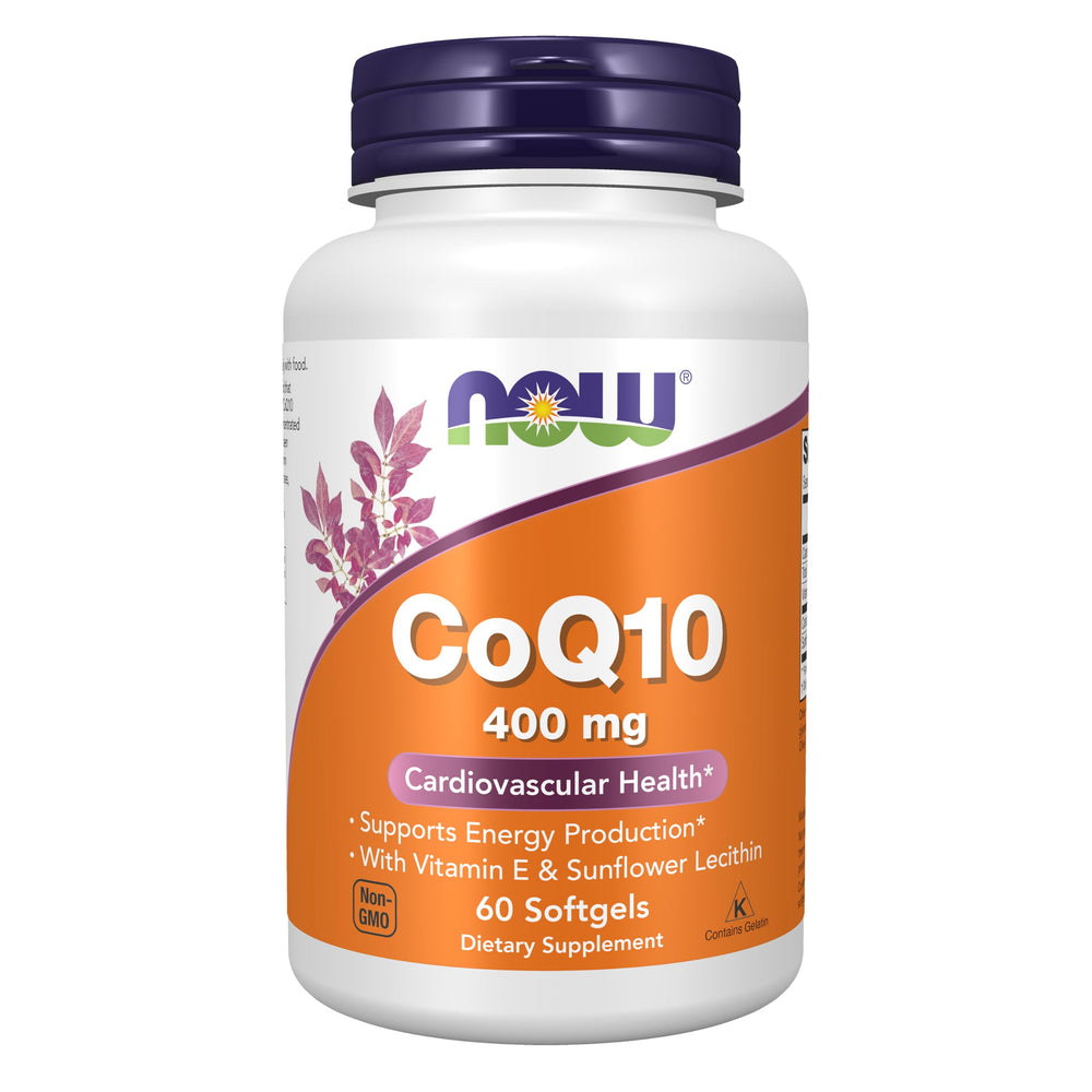 NOW Foods envase frontal de CoQ10 400 mg mostrando tamaño y marca