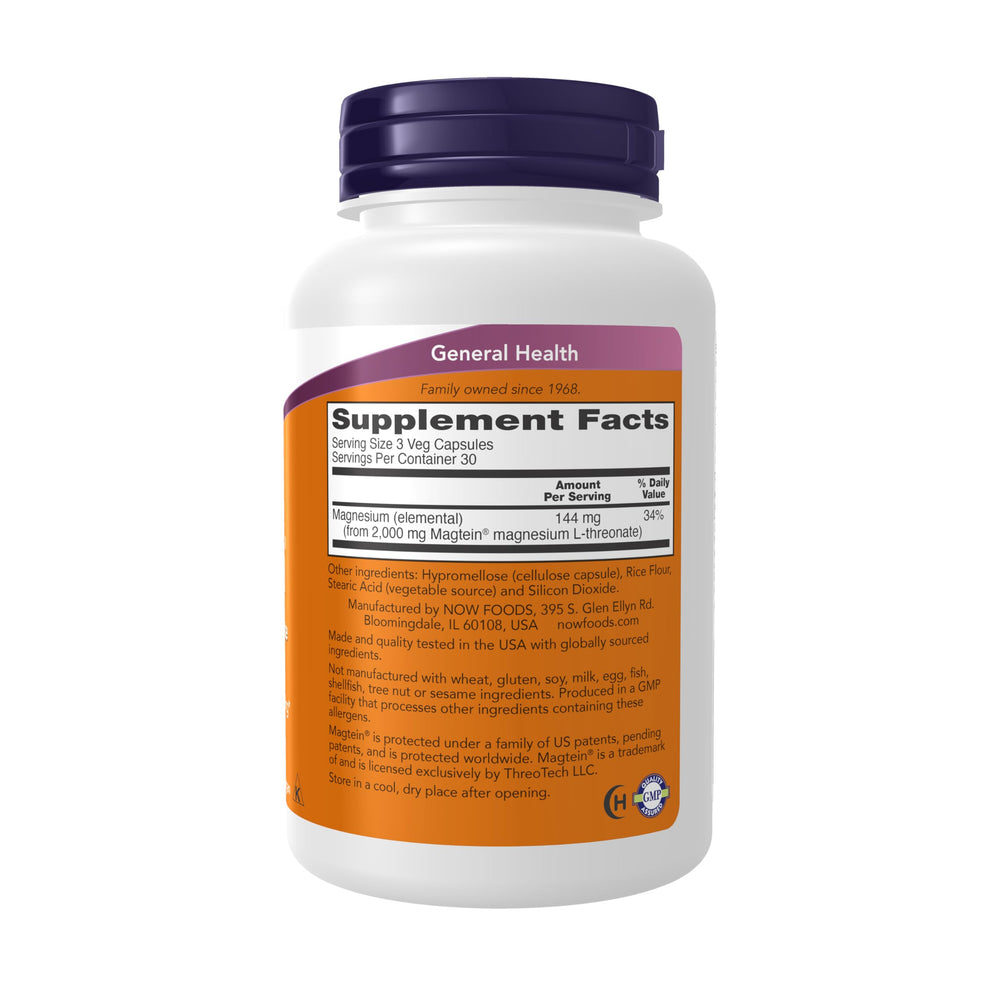 NOW Foods etiqueta con ingredientes y patente Magtein destacada para confianza