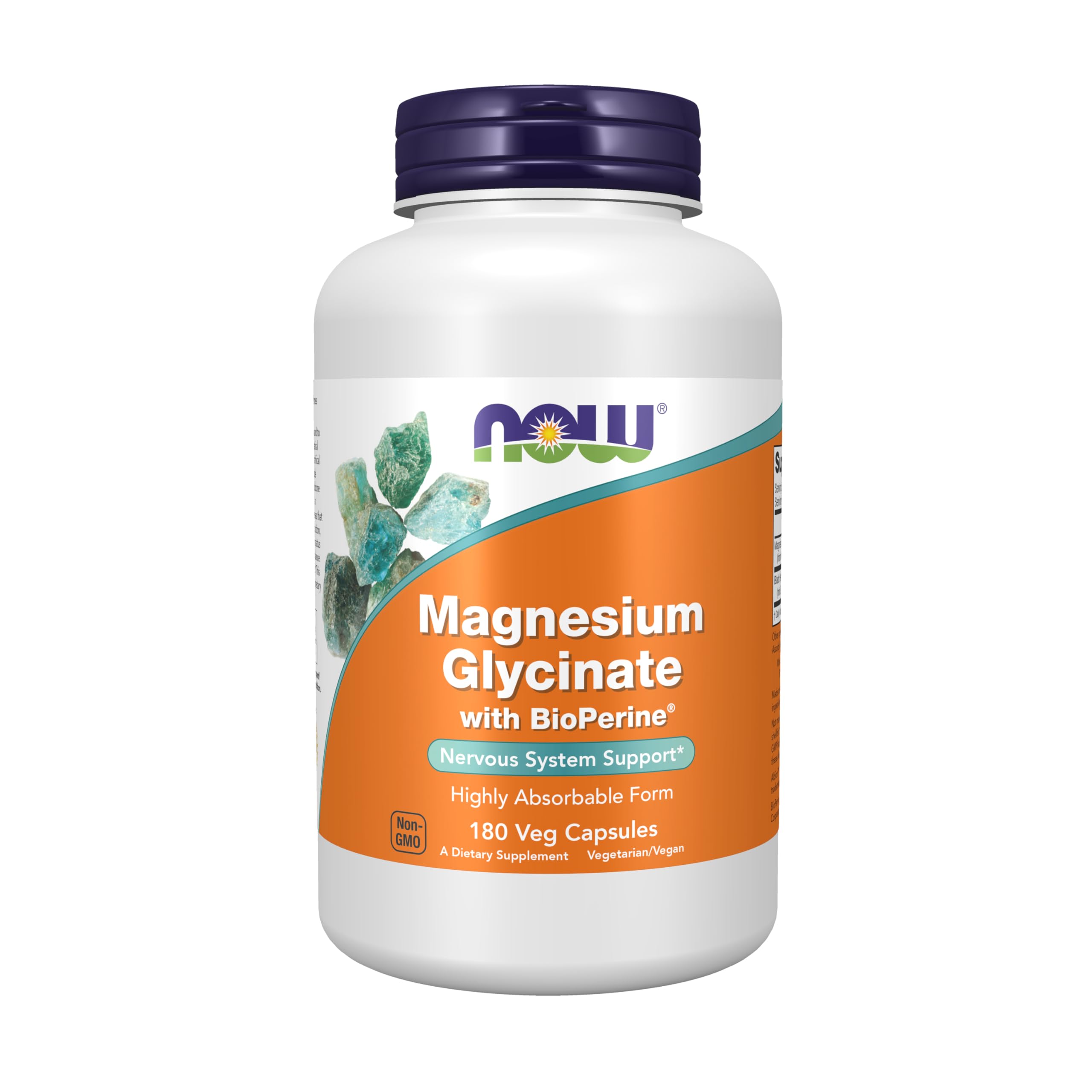 NOW Foods envase frontal de Magnesium Glycinate 180 cápsulas para alta absorción