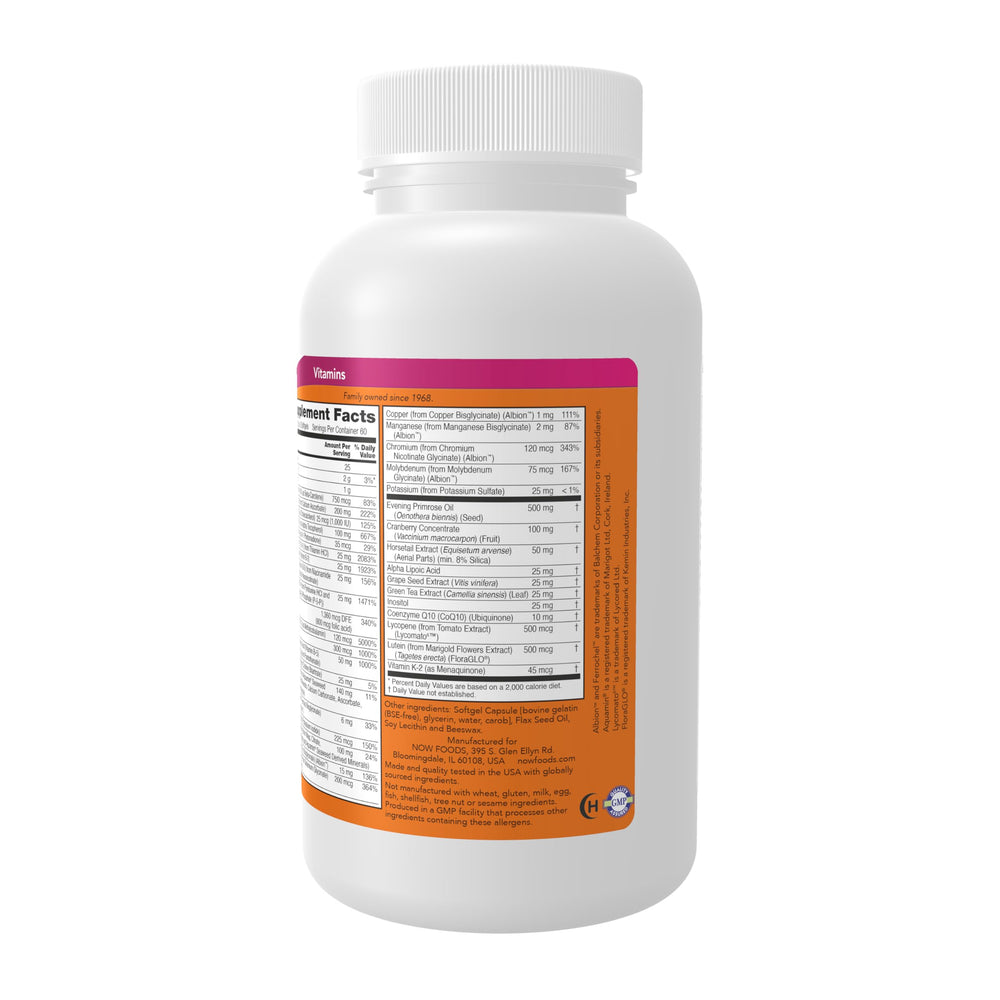 NOW Foods ingredientes onagra y arándano resaltados para apoyo femenino