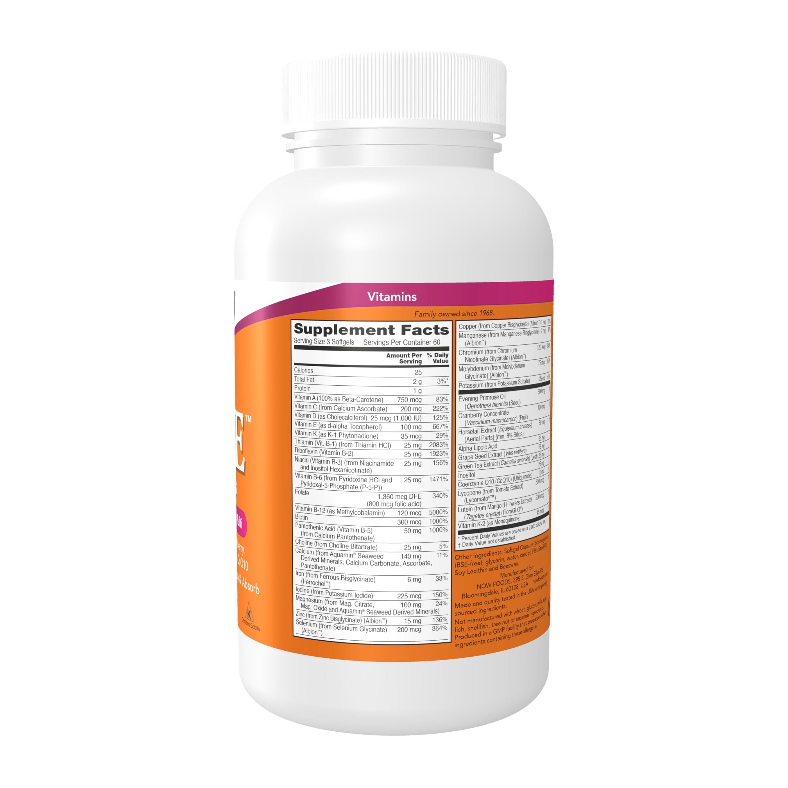 NOW Foods softgels en primer plano, textura fácil de tragar