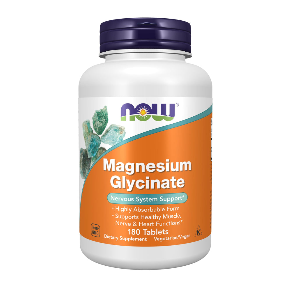 NOW Foods envase frontal de Magnesium Glycinate mostrando cantidad y diseño