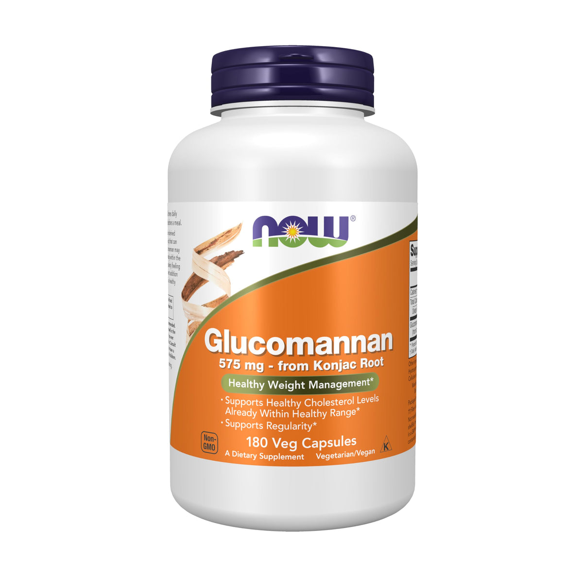 NOW Foods frasco frontal de Glucomannan, envase claro y cantidad 180 cápsulas