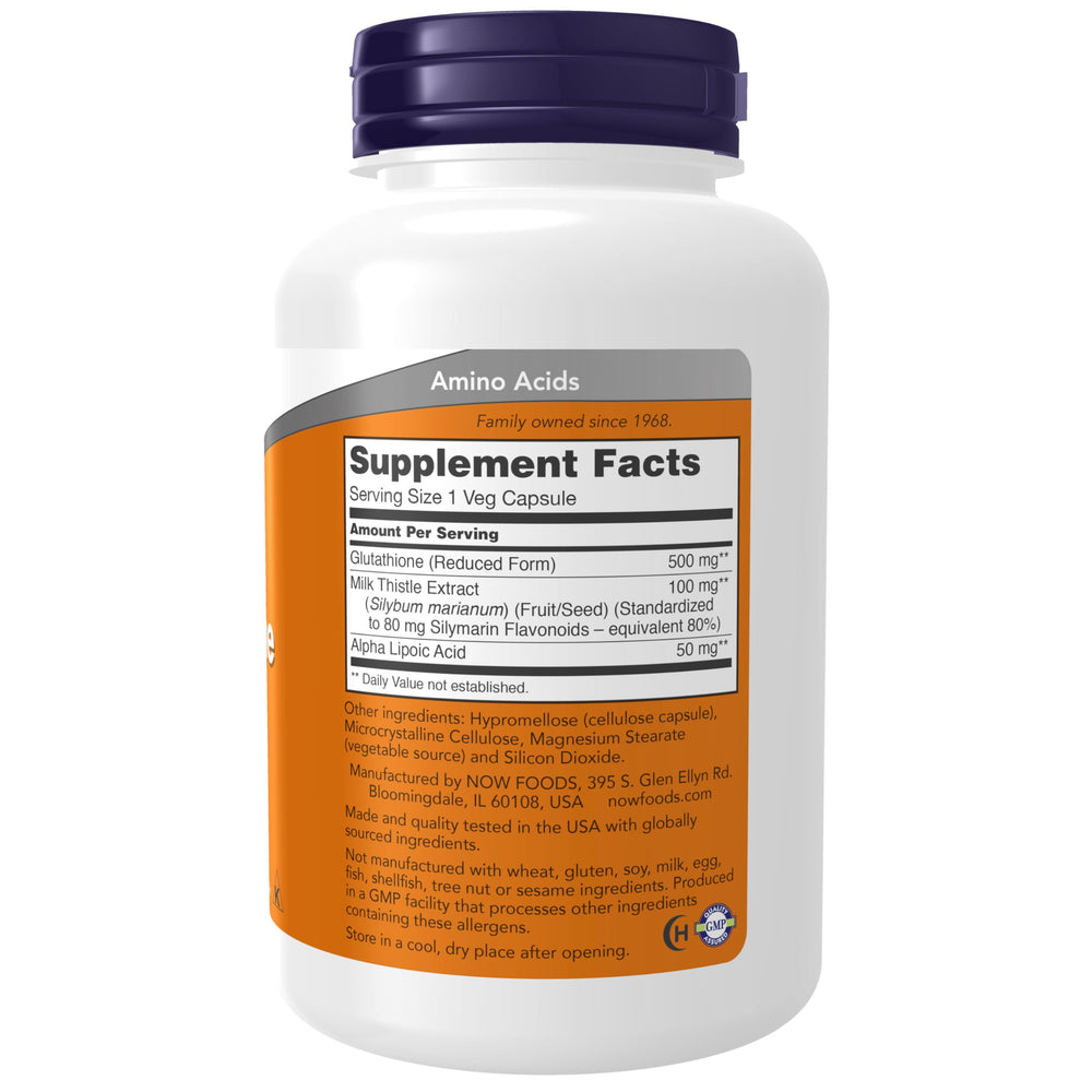 Cápsulas veganas NOW Foods Glutathione en primer plano, fácil de ingerir