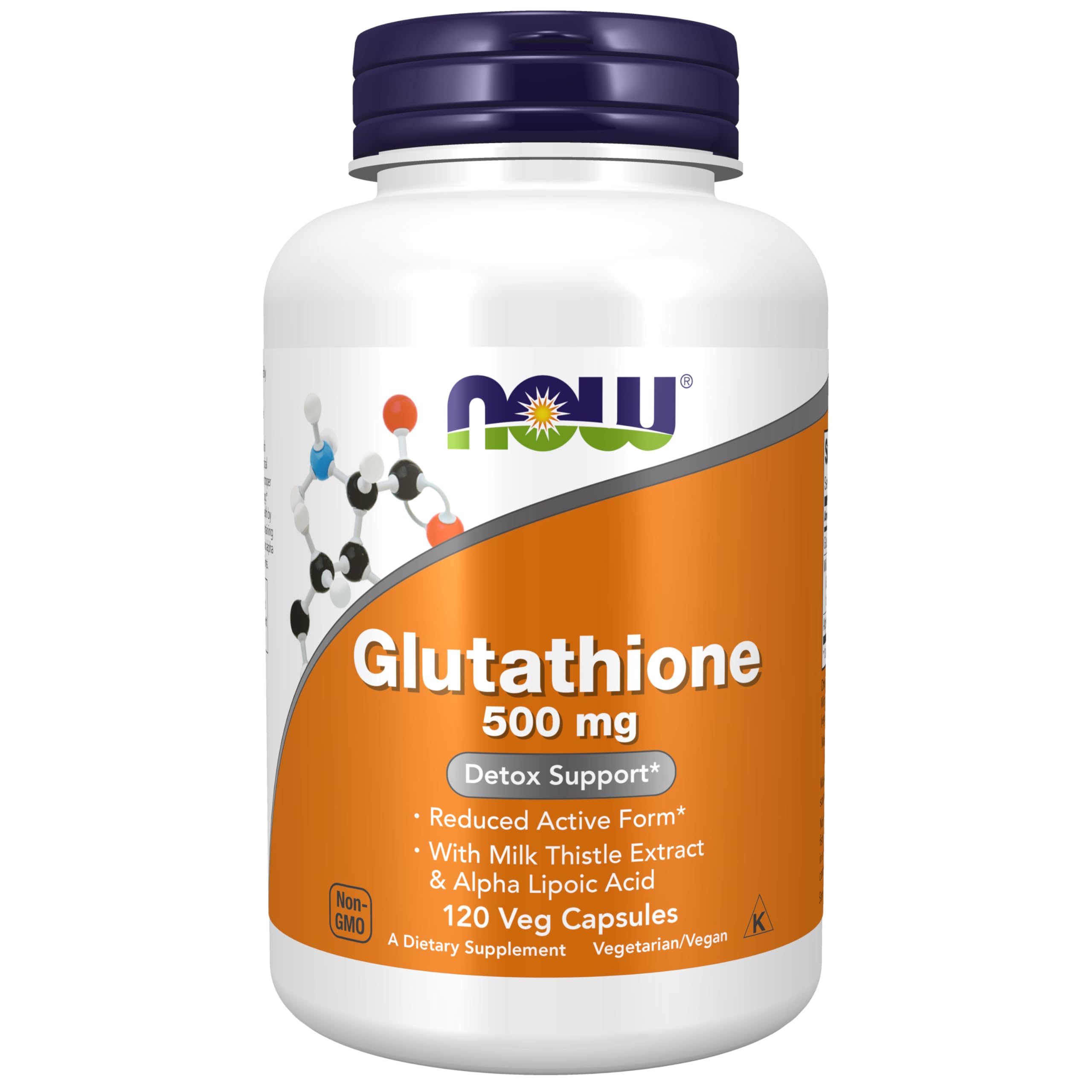 NOW Foods envase frontal de Glutathione 500 mg mostrando 120 cápsulas y beneficios