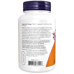 NOW Foods supplement facts label showing hyaluronic acid 100 mg per capsule