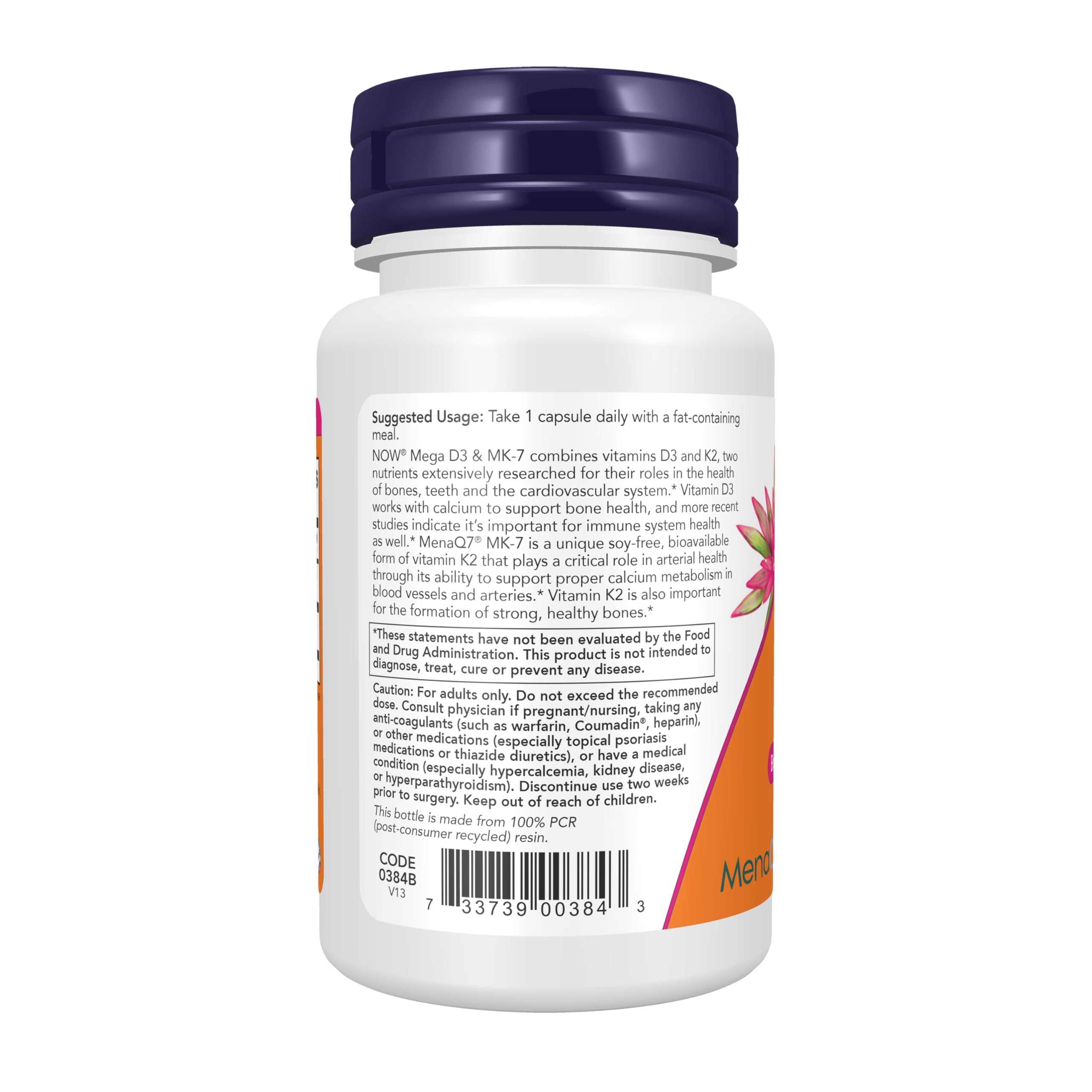 NOW Foods etiqueta de ingredientes y concentración D‑3 y MK‑7 legible