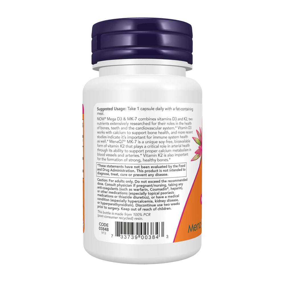 NOW Foods etiqueta de ingredientes y concentración D‑3 y MK‑7 legible