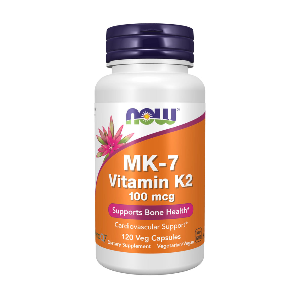 NOW Foods front label showing MK-7 100 mcg benefits and vegan capsules