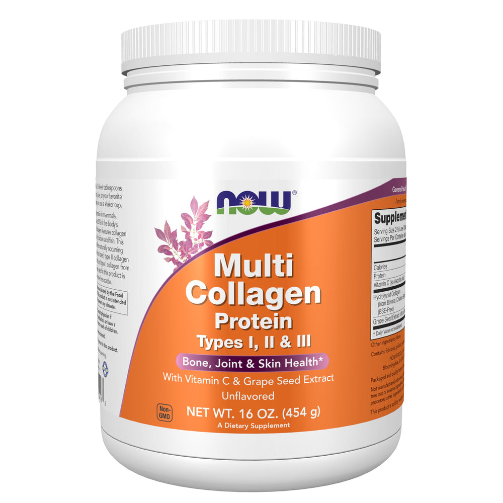 NOW Foods envase frontal del Multi Collagen mostrando tamaño y marca, confianza de calidad