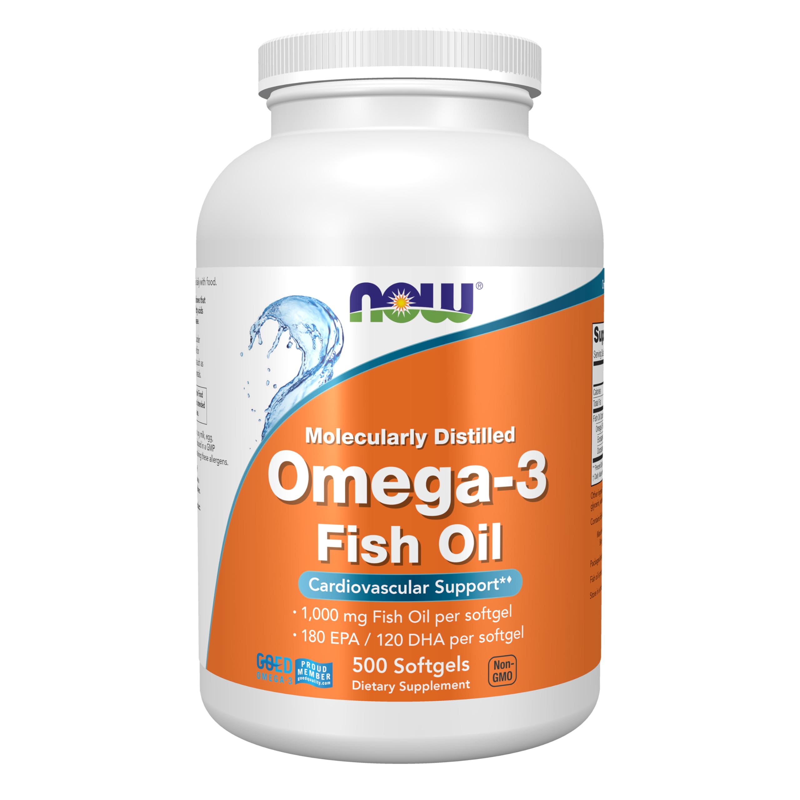 NOW Foods frasco frontal de Omega-3 con 500 cápsulas, alta pureza